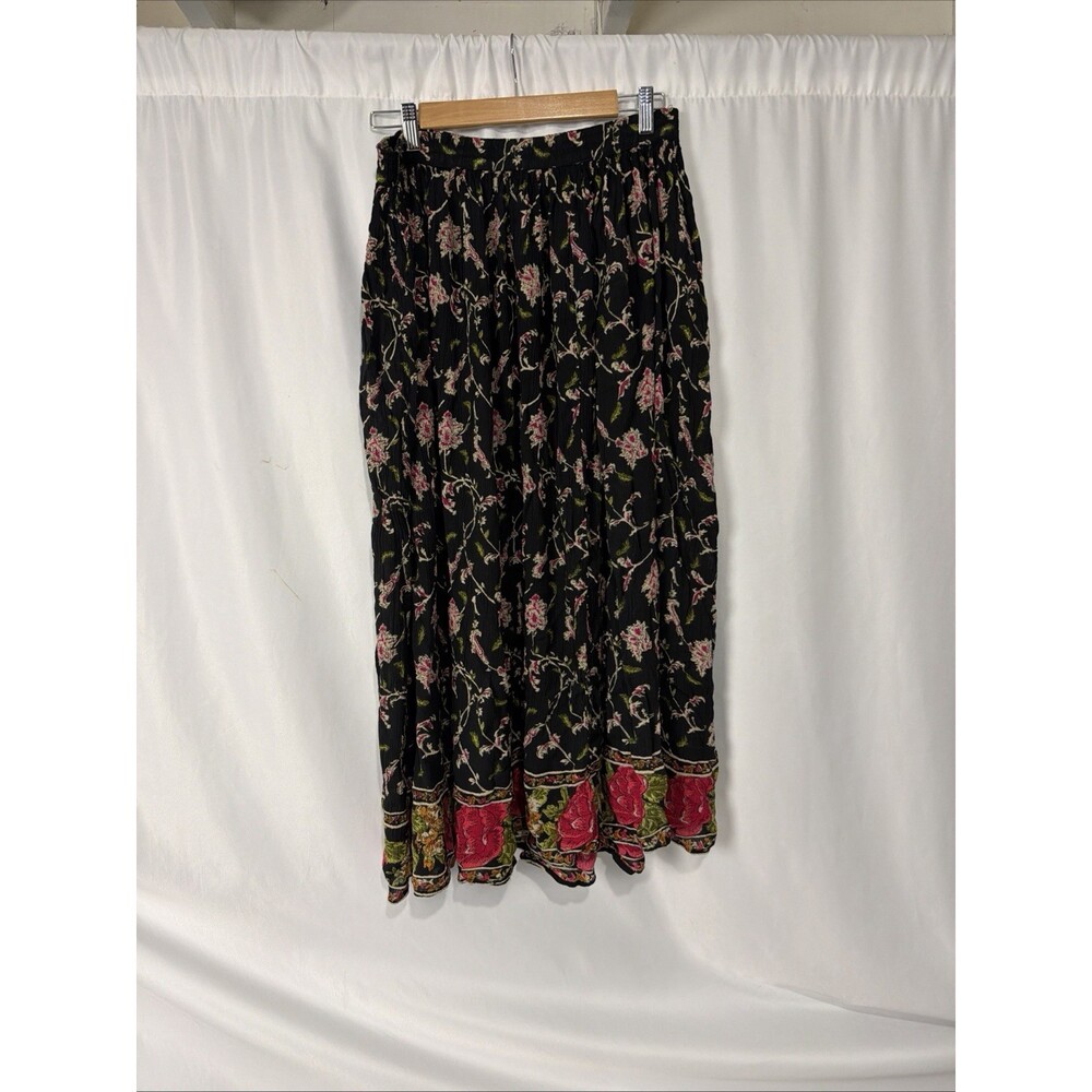 Vtg Rhythm Blue Floral Maxi Skirt Womens M Crinkle Border Print Boho Gypsy 90s